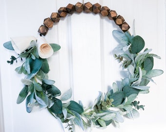 Sola Wood flower modern wood bead hoop wreath, simple front door wreath, boho wood bead wreath, floral circle accent wreath