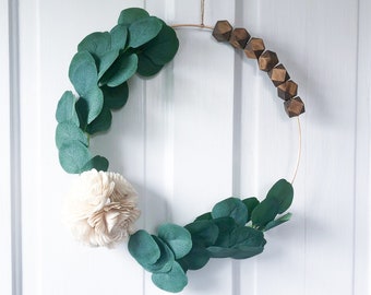 Sola Wood flower wood bead wreath, boho front door decor, simple hoop accent wreath, all year eucalyptus wreath.