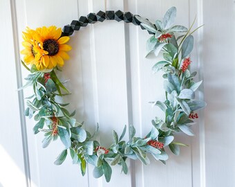 Fall modern sunflower wreath, sunflower wood bead wreath, Thanksgiving front door decor