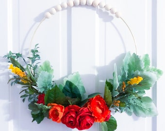 Modern floral hoop wreath with wood beads! 16inch hoop wreath with vibrant colors- red and orange, fall front door or accent wreath