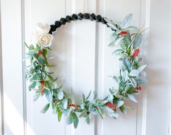 Sola wood flower wreath, modern hoop wreath with wood beads, lambs ear farmhouse front door decor