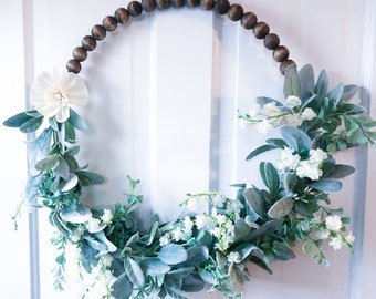 White Sola Wood flowers  Spring modern floral hoop wreath with wooden beads, boho hoop wreath, wood bead wreath year round.
