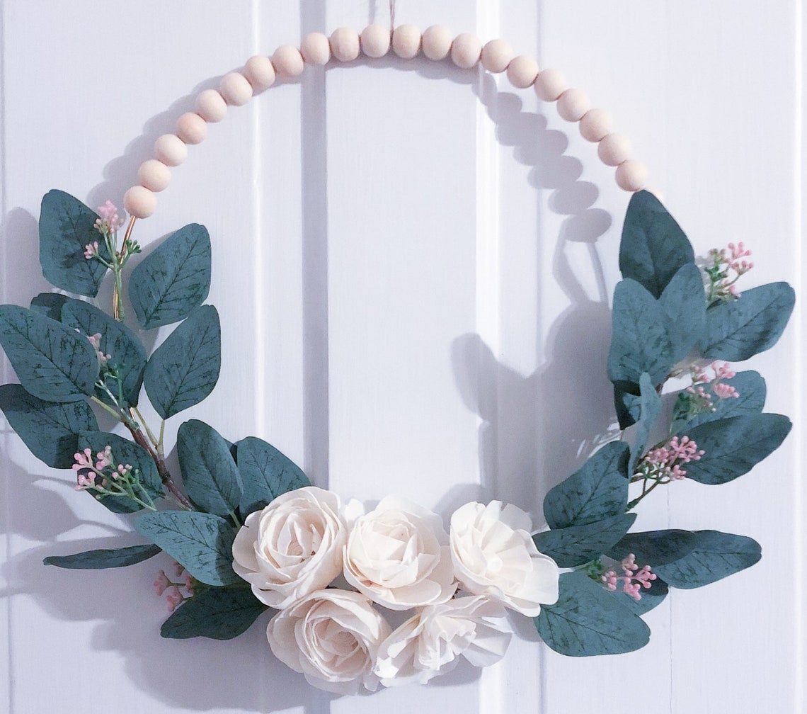 White Wood Flower Floral Hoop wreath wood beads simple Etsy
