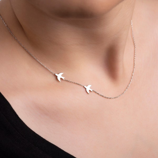 Sideways necklace ,Flying Bird necklace , Dainty Bird Necklace , Best Friend Necklace , Double flying bird necklace ,Christmas Gift