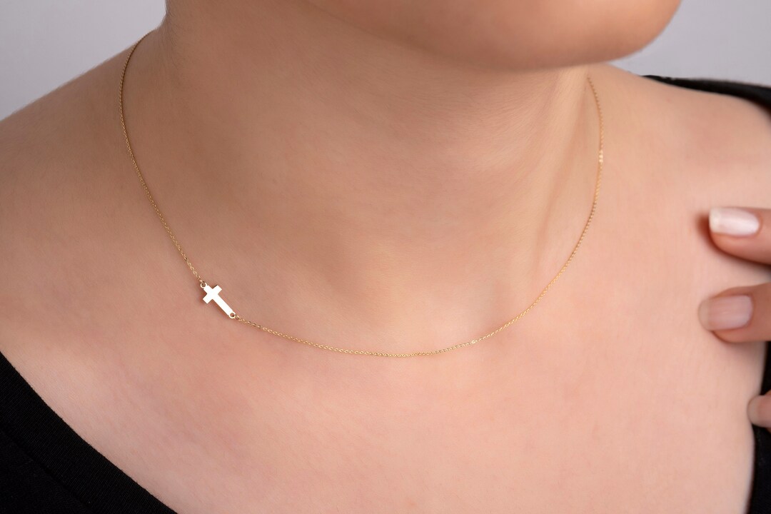 14K Gold Sideways Cross Necklace, Minimalist Cross Necklace ,dainty