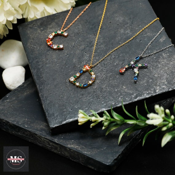 Personalized Multicolor Stone Initial Necklace colorful Big Letter Necklace personalized Gift Rainbow Necklace gold Necklace Colorful Etsy UK