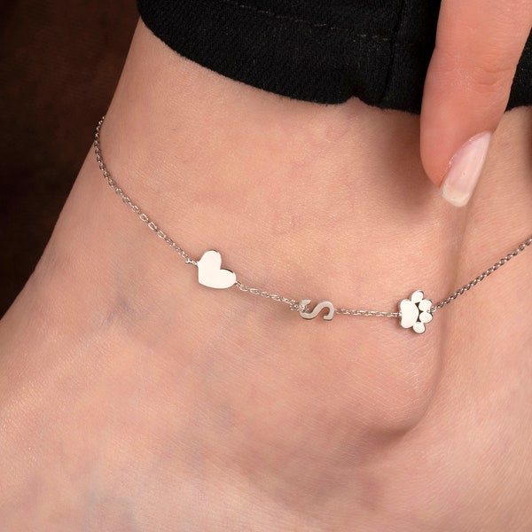 Paw anklet, Paw Letter anklet, Personalized Paw Initial anklet, Personalized, Pet Memorial Anklet, Sideway Dog Paw Anklet, Heart Anklet