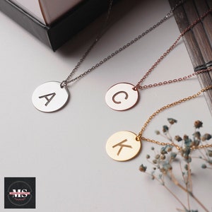 Personalized Letter Disc Necklace, Custom Initial Pendant, Sterling Silver necklace, Gold Rose Gold Letter necklace, Initial Coin Necklace