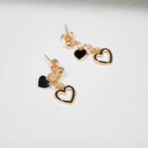Gold Double Heart Stud Earrings – Black Enamel Heart Dangles – Cute Minimalist Earrings for Women and Teens “MIDNIGHT LOVE”