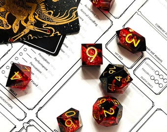 Rouge et or | Fait main |  Jeu de dés tranchants | Donjons et dragons | DÉ DU MDN