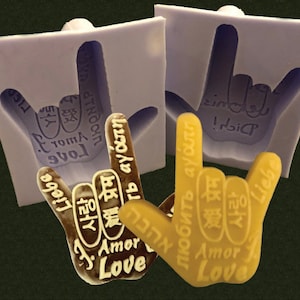 Food Safe Silicone Mold in the Form of the Sign &quot;I Love You&quot; with the Text &quot;Love&quot; in Various Languages- Personalization is Available