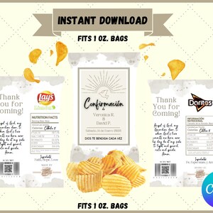 May include: Three printable designs for 1 ounce chip bags. Each design features a watercolor background with a religious theme. The center design says "Confirmación" with a dove and sun graphic. The left and right designs say "Thank You for Coming!" with a prayer and a nutrition facts label. The designs are for a confirmation party.