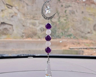 Encanto de coche de cristal/accesorio de coche de piedras preciosas/percha de espejo retrovisor con cuentas/atrapasueños de cuarzo rosa de amatista/encanto de coche de amatista púrpura y rosa