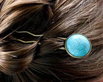 Natural Howlite (Dyed) Hair Fork/U Shaped Blue Crystal Pin/Turquoise Color Hair Accessory/Bronze Hair Clips/Gemstone Bun Holder/Hair Clip