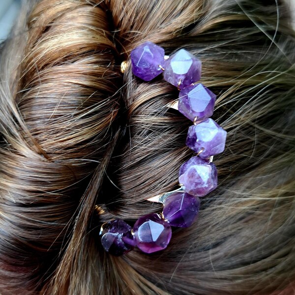 Amethyst Hair Fork/Gemstone Hair Stick/4 Prong Crystal Hair Pin/Beaded Hair Accessories/Wide Hair Clip/Metal Bun Holder/February Birthstone