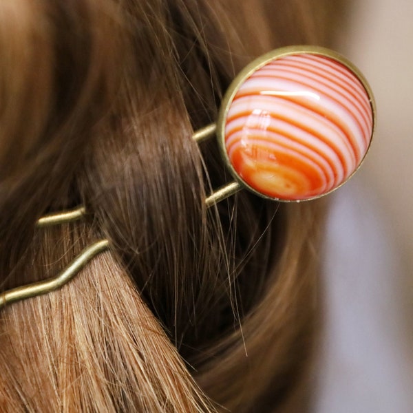 Natural Red Banded Agate Hair Fork/U Shaped Crystal Pin/Minimalist Hair Accessory/Bronze Hair Clip/Gemstone Bun Holder/September Birthstone