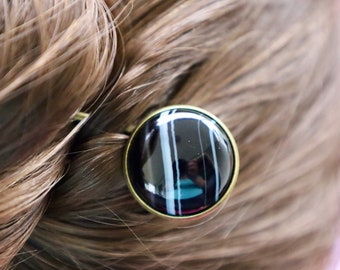 Natural Black Striped Agate Hair Fork/U Shaped Crystal Pin/Black Minimalist Hair Accessory/Bronze Hair Clip/Gemstone Bun Holder/Birthstone