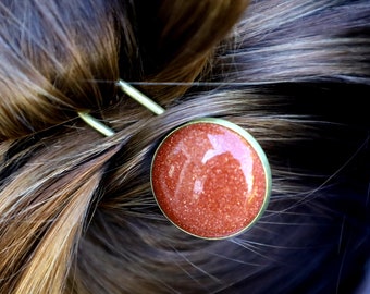Goldstone Hair Fork/U Shaped Crystal Pin/Shiny Minimalist Hair Accessory/Bronze Hair Clip/Gemstone Bun Holder/Birthstone/Healing