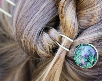 Natural Ruby in Zoisite Hair Fork/U Shaped Crystal Pin/Green Anyolite Hair Accessory/Bronze Hair Clips/Gemstone Bun Holder/April Birthstone