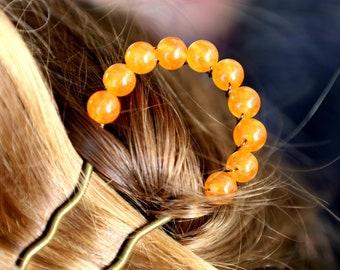 Yellow Quartzite Hair Fork/Throat Chakra Hair Stick/U Shaped Crystal Hair Pin/Beaded Hair Accessories/Metal Hair Clip/Gemstone Bun Holder