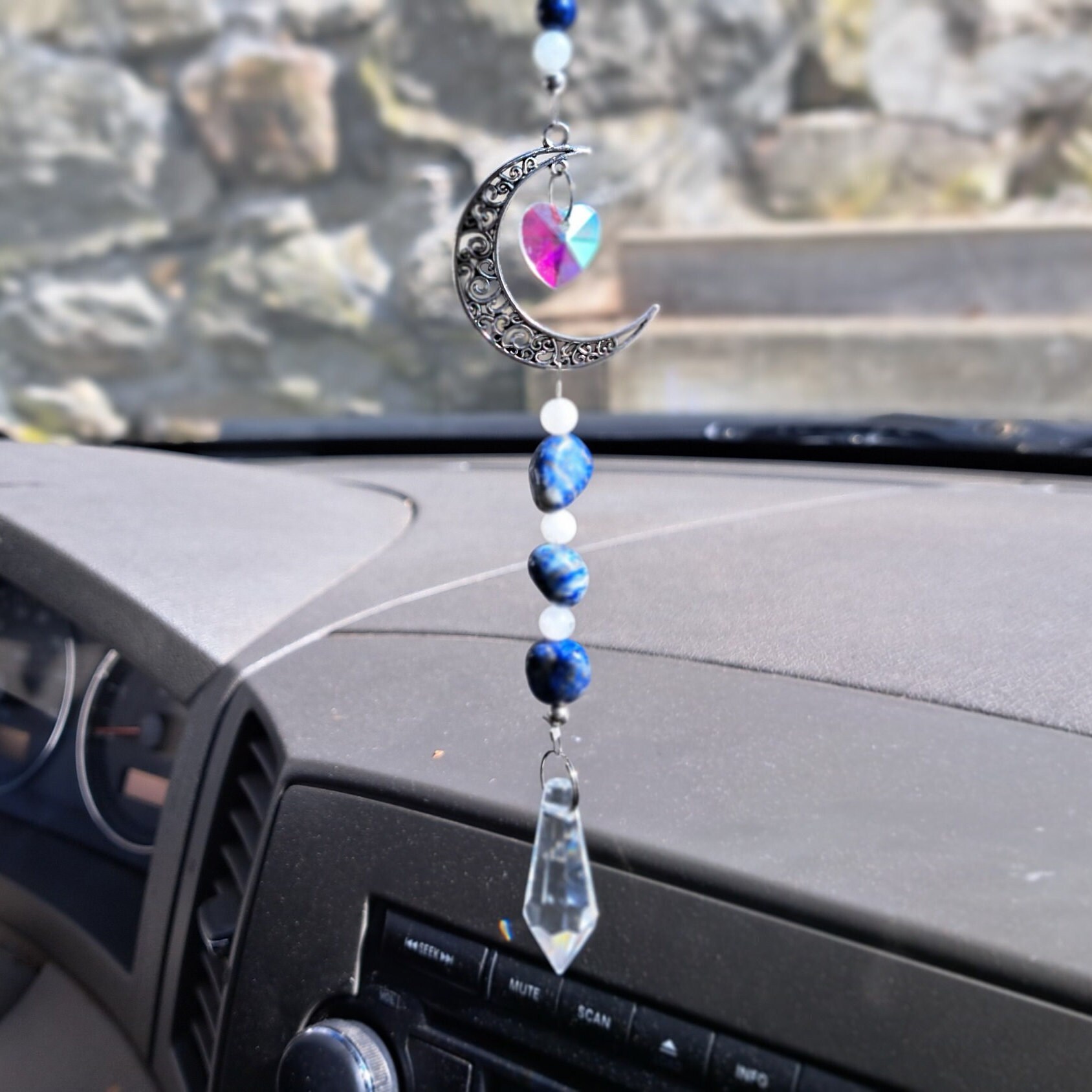 Lapis Lazuli Car Mirror Ornament - Natural Stone Auto Accessory For Rear View Mirror