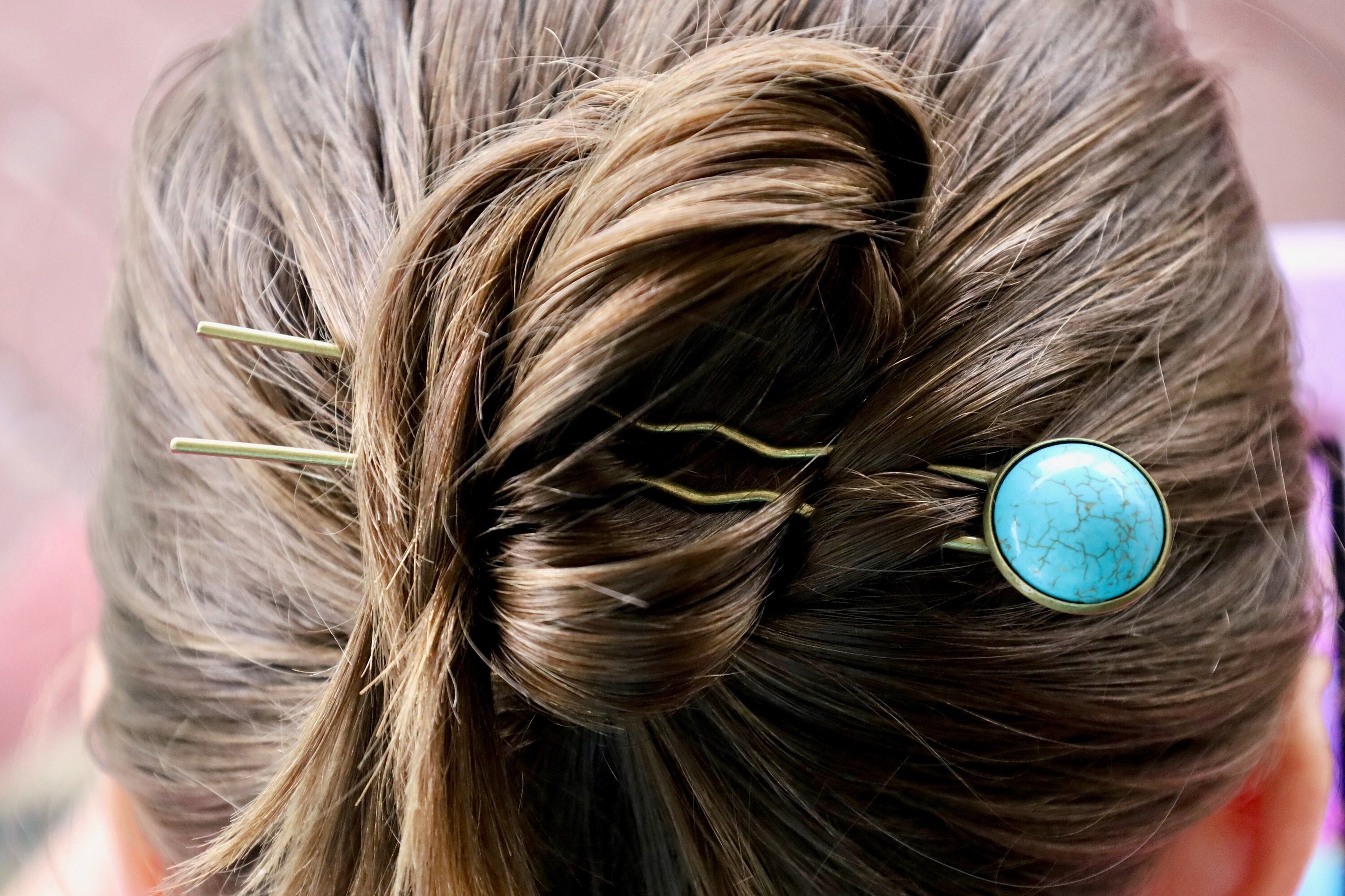 Natural Howlite (dyed) Hair Fork/u Shaped Blue Crystal Pin 