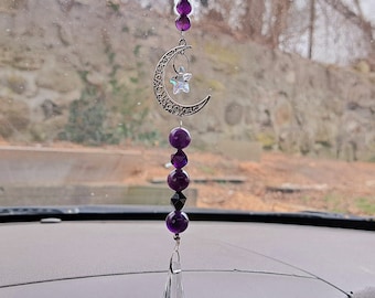 Encanto de coche de cristal/accesorio de coche de piedras preciosas/percha de espejo retrovisor con cuentas/atrapasueños de amatista/joyería de coche chakra/encanto de coche de amatista púrpura