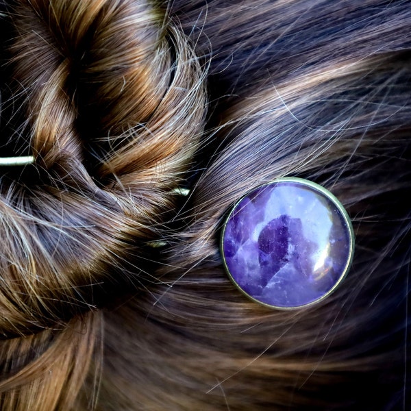 Natural Amethyst Hair Fork/U Shaped Crystal Pin/Purple Minimalist Hair Accessory/Bronze Hair Clip/Gemstone Bun Holder/February Birthstone