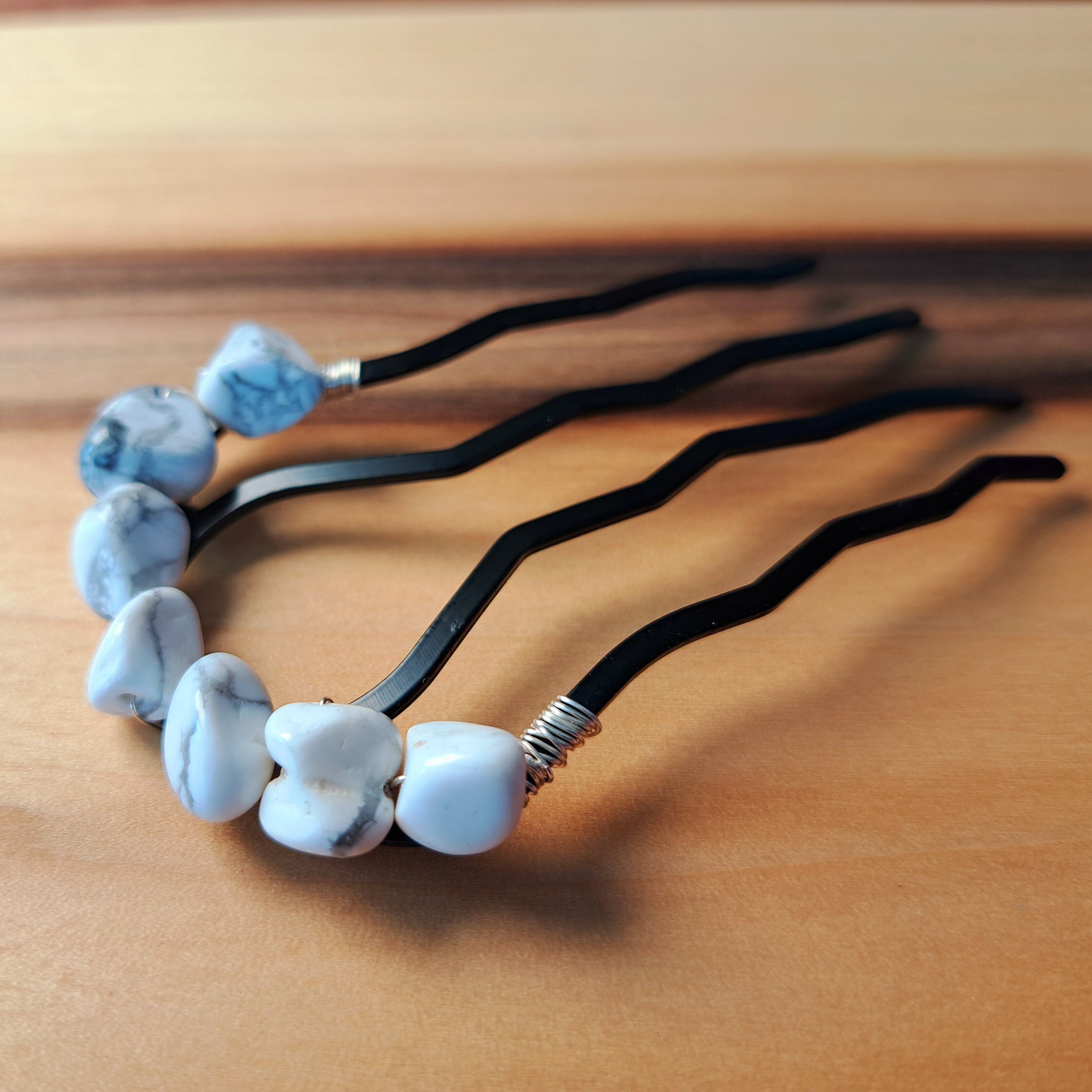 Howlite Large Eclectic Silver Artisan Hair Pin, 4.8” White, Charcoal Grey/Black HOWLITE I (8MM) main image 3
