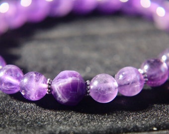 Mabor Bracciale In Ametista Naturale 8mm Con Cuore - Pietra Per Relax E Ansia - Regalo Donna Per Yoga E Benessere