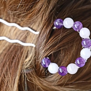 Amethyst and Rose Quartz Hair Fork/Gemstone Hair Stick/U Shaped Crystal Hair Pin/Pink and Purple Hair Accessories/Metal Hair Clip/Bun Holder