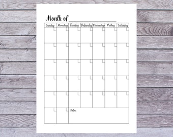 Blank Calendar Printable, Instant Digital Download, Monthly Calendar ...