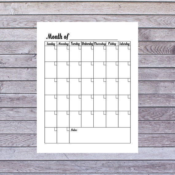 Blank Calendar Printable Monthly Calendar Instant Digital | Etsy