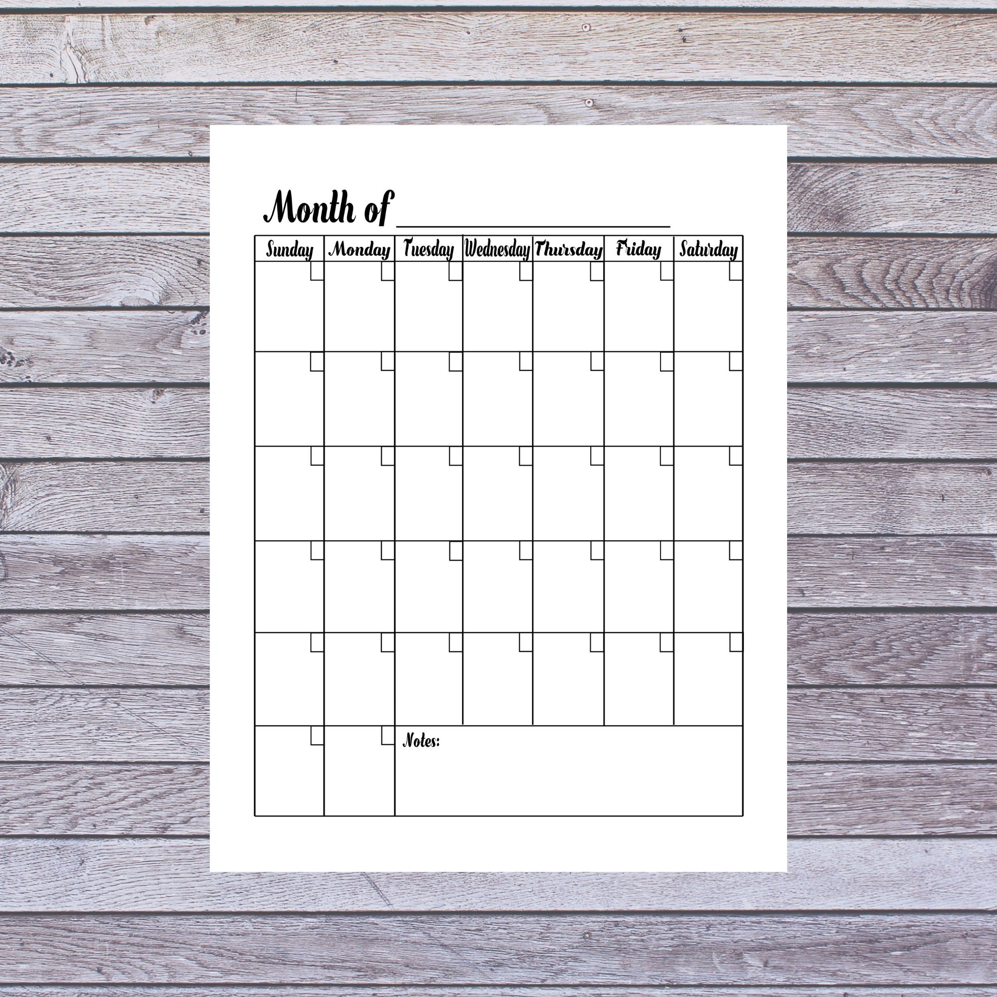 blank monthly printable calendar instant digital download etsy