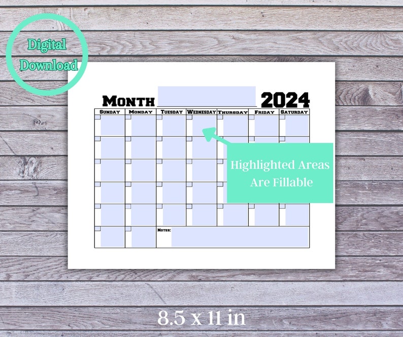 2024 Blank Fillable Monthly Calendar, Instant Download, PDF Calendar