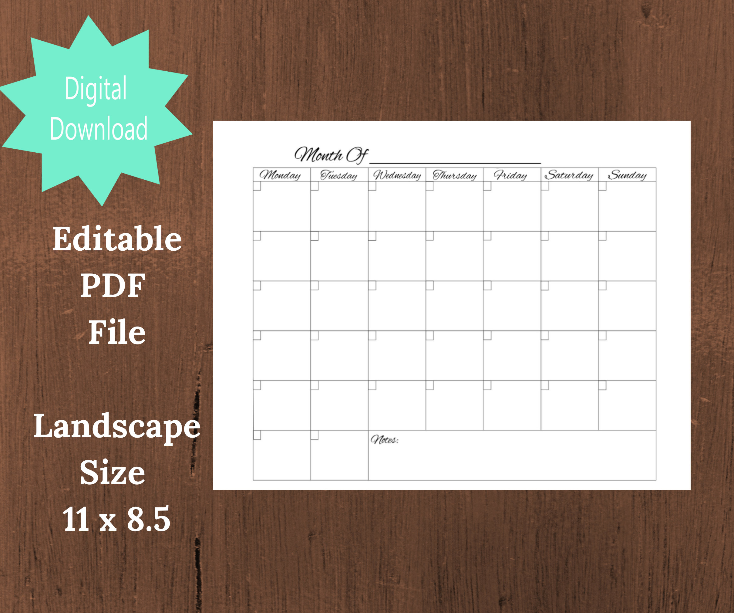 Blank Calendar Printable, Monday Start, Instant Download, Monthly ...