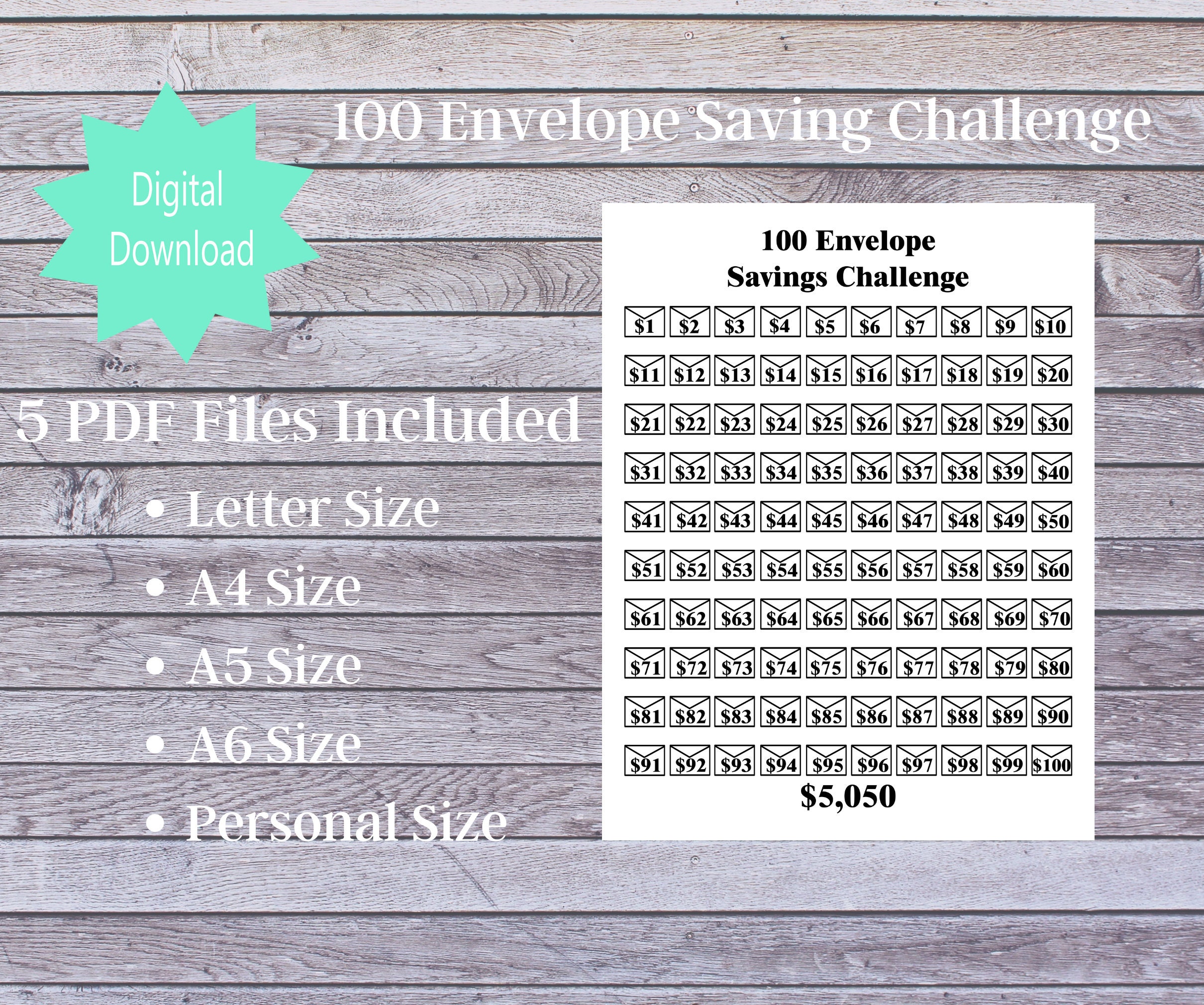 100 Envelope Challenge PDF Printable, Savings Challenge Tracker, 100 ...