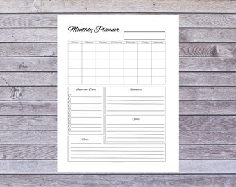 Monthly Planner PDF, Letter Size, Goals, Reminders, Undated Planner, Digital Download