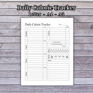 Registro diario de calorías (imprimible, PDF, descarga digital, tamaño carta, A4, A5)