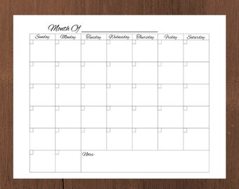 Blank Calendar Printable, Instant Digital Download, Monthly Calendar Template, Editable PDF Printable Calendar
