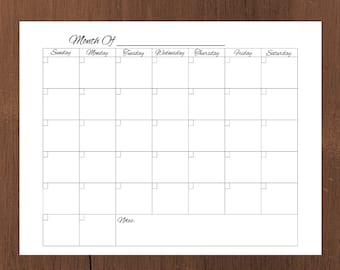 Blank Calendar Printable, Instant Digital Download, Monthly Calendar Template, Editable PDF Printable Calendar