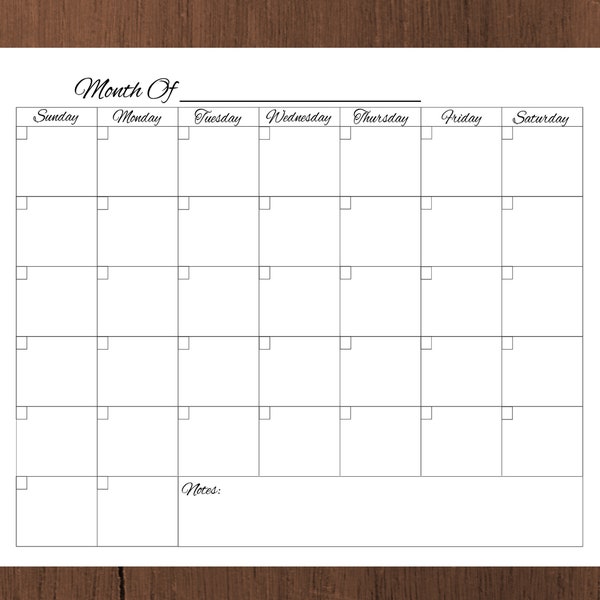 Blank Calendar Printable, Instant Digital Download, Monthly Calendar Template, Editable PDF Printable Calendar