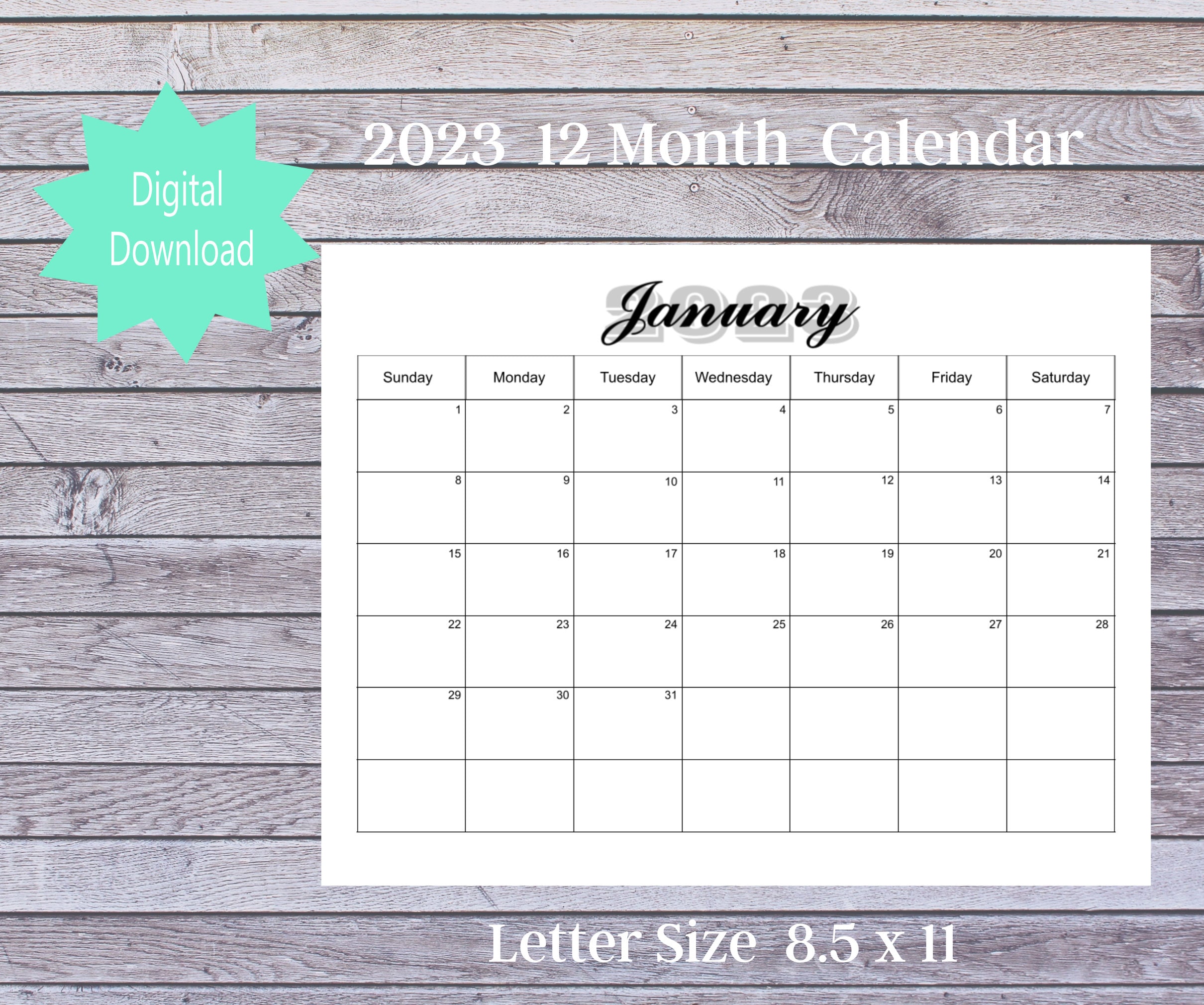 2023 Printable Calendar, 12 Month Fillable Calendar, Digital Calendar
