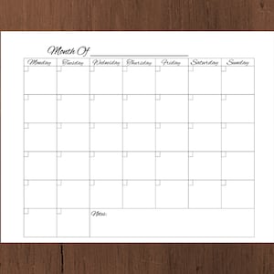 Blank Calendar Printable, Monday Start, Instant Download, Monthly ...