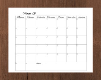 Blank Calendar Printable, Monday Start, Instant Download, Monthly Calendar Template, Editable PDF Printable Calendar