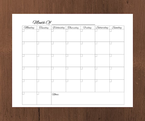 Blank Calendar Printable Monday Start Instant Download | Etsy