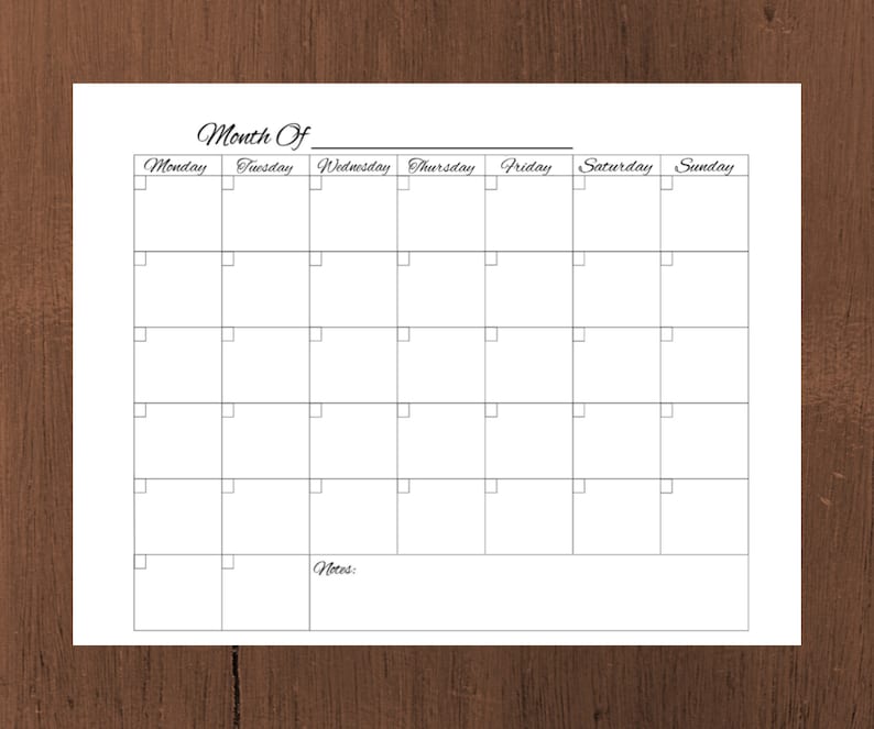 Blank Calendar Printable, Monday Start, Instant Download, Monthly ...