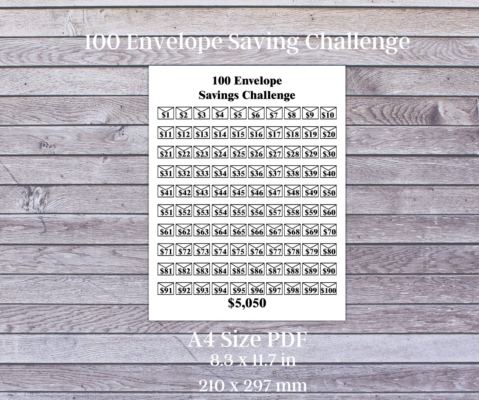 100 Envelope Challenge PDF Printable, Savings Challenge Tracker, 100 ...