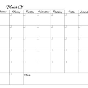 Blank Calendar Printable, Instant Digital Download, Monthly Calendar ...