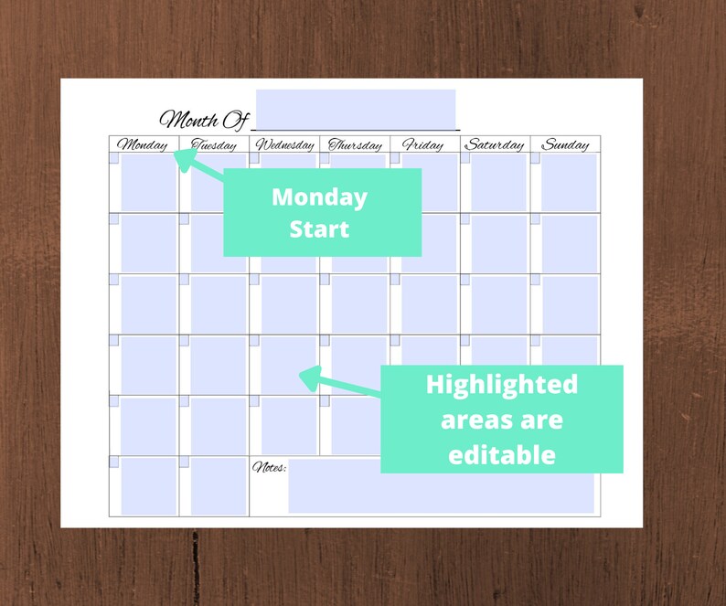 Blank Calendar Printable, Monday Start, Instant Download, Monthly ...